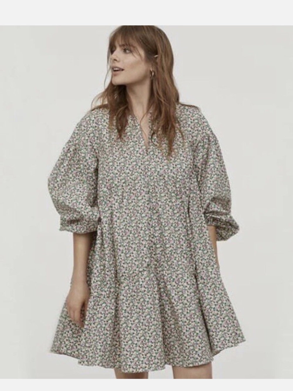 H&M Floral Puff-Sleeve Tiered Mini Dress in Green and Pink